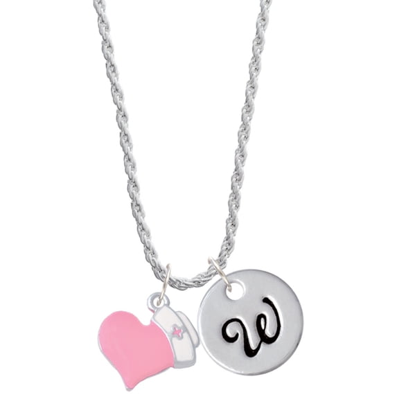 Delight Jewelry Silvertone Pink Heart with Nurse Hat Silvertone Script Initial Disc - W - Charm Necklace, 20"+3"