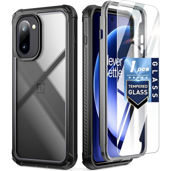 Poetic Guardian Case for OnePlus 15R 5G, 20FT Mil-Grade Drop Tested | Tempered Glass Screen Protector, Full Body Shockproof Rugged Clear Cover Case, Black/Clear
