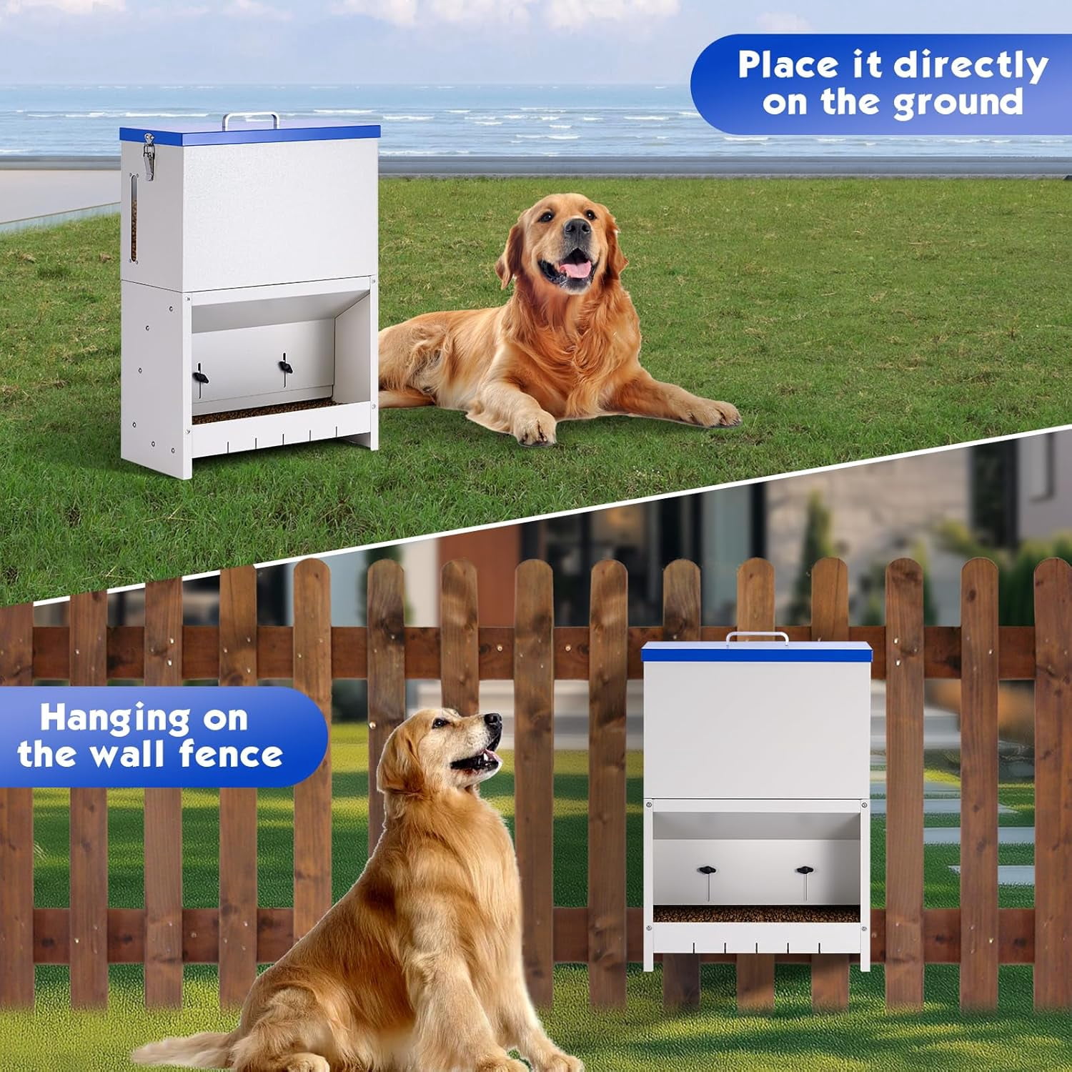 Automatic Dog Feeder Large Breed, Outdoor Dog for Large Dogs, Large Capacity Automatic Gravity Dog Feeder Suitable for Small, Medium, and Large Dog Breeds (Blue)