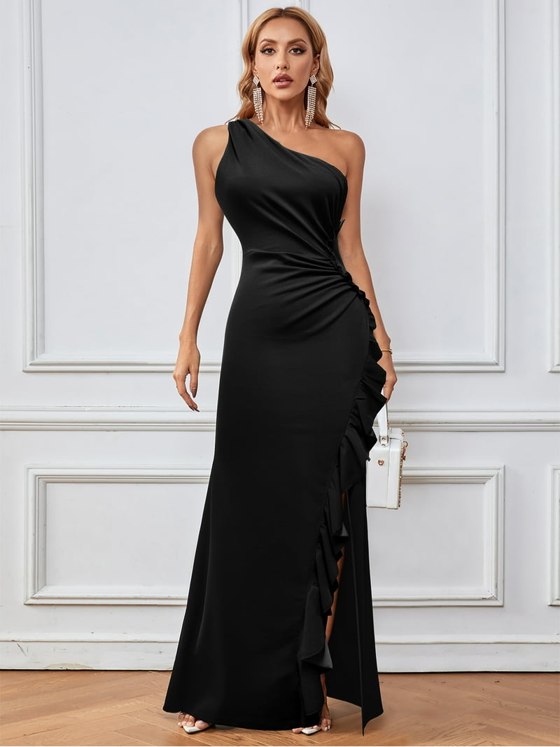 SouqFone Women's One Shoulder Form Fitting Evening Gown with High Slit,  Black, Size S
