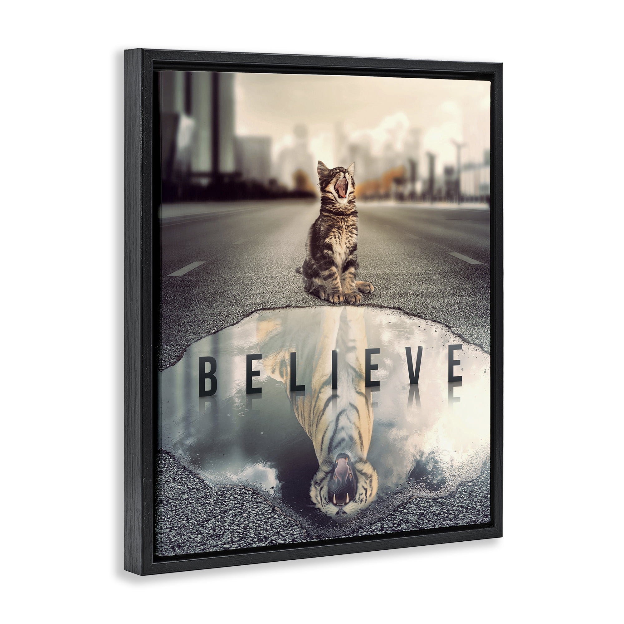 Stupell Industries Believe Cat & Tiger Animals Painting Black Floater Framed Canvas Art Print Wall Art, 25 x 31