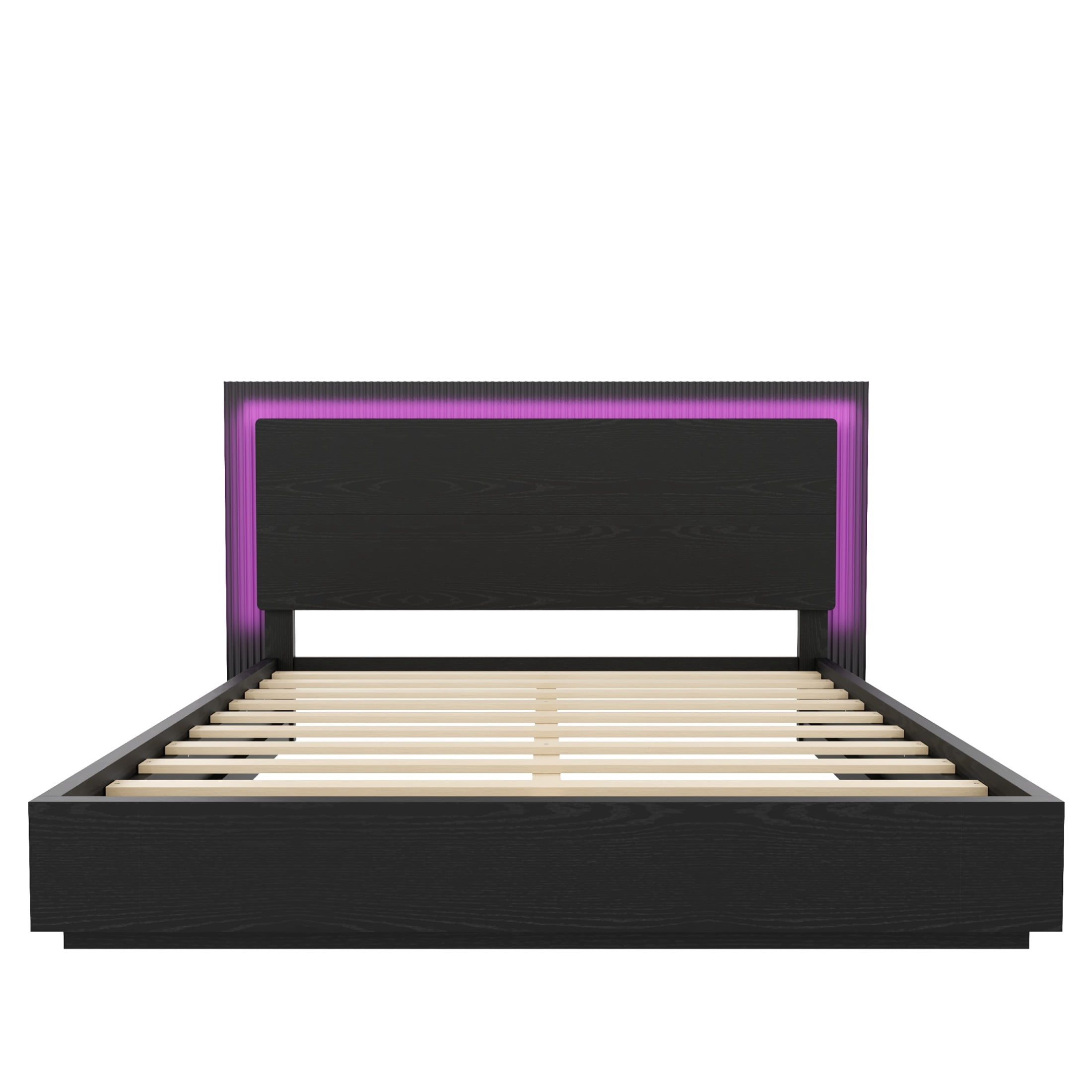 Noble House Queen Wood Platform Bed Frame with LED Headboard, Modern Mattress Foundation with Center Support, Black