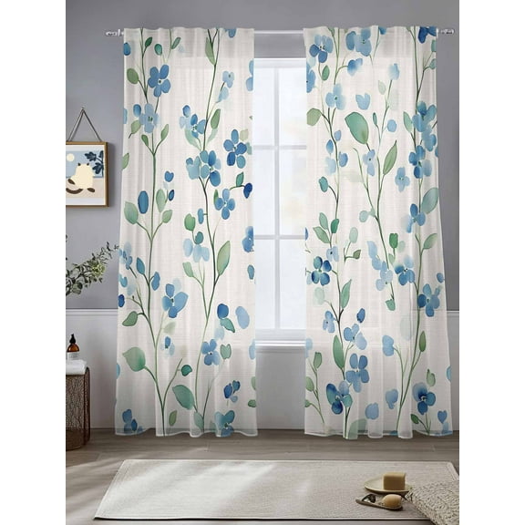 Blue Flowers Sheer Curtains for Living Room Bedroom Spring Blooms Botanicals Floral Motif Sheer Curtains 84 Inch Long 2 Panels Set Light Filtering Curtain Window Treatments Drapes for Dining Room