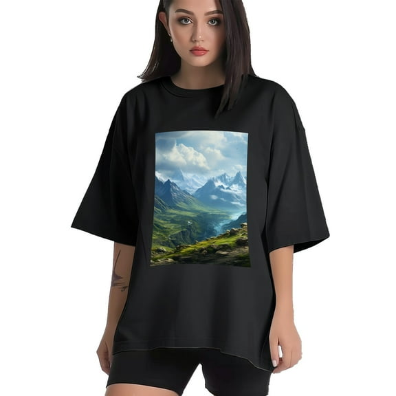 Plus Size Shirt for Women Black Tops for Women Short Sleeves Shirt for Women Mountainous (7) T Shirt Crewneck Shirt for Women XS