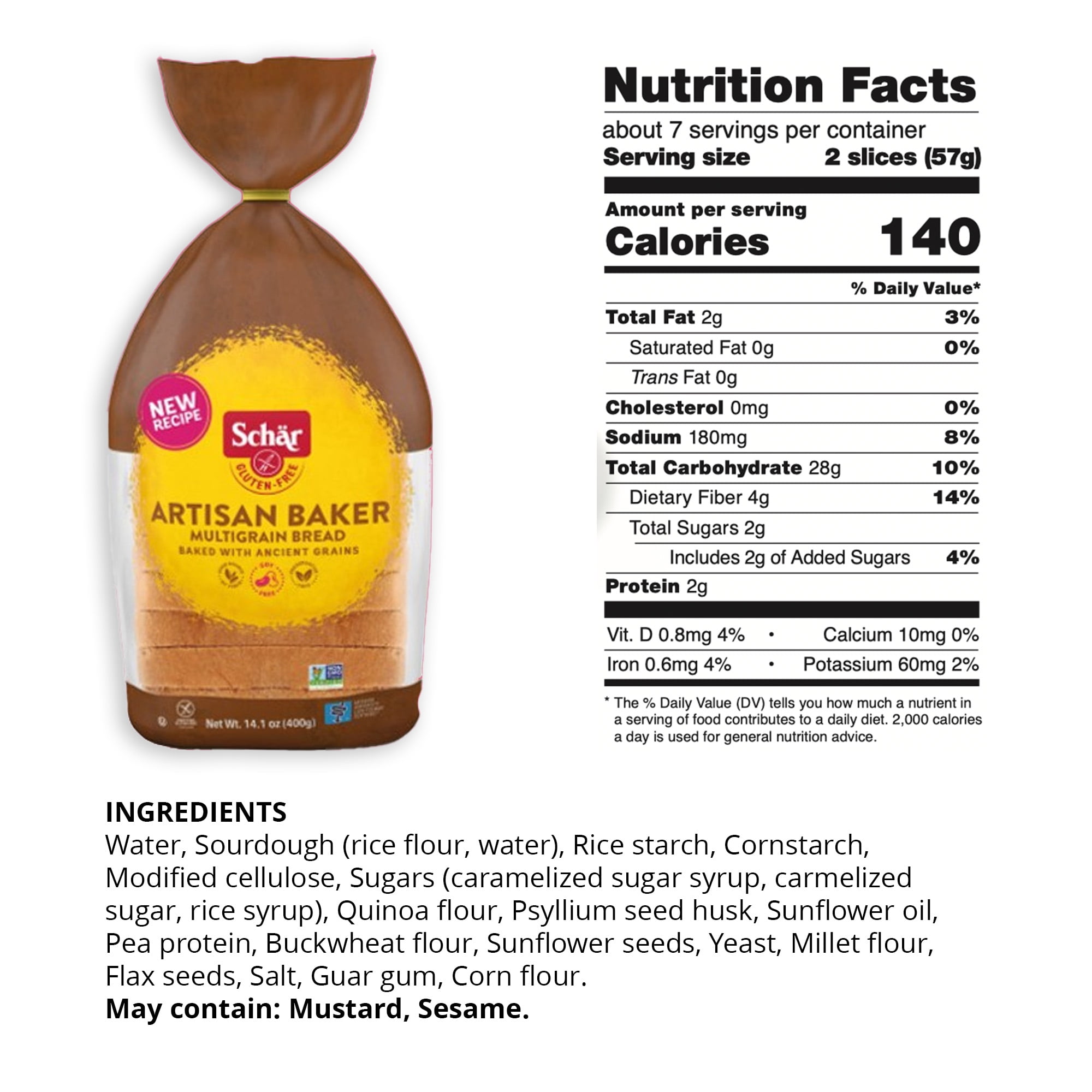 (4 pack) Schar Gluten Free Artisan Baker Multigrain Sourdough Bread Loaf, Regular, Shelf-Stable, 14.1 oz