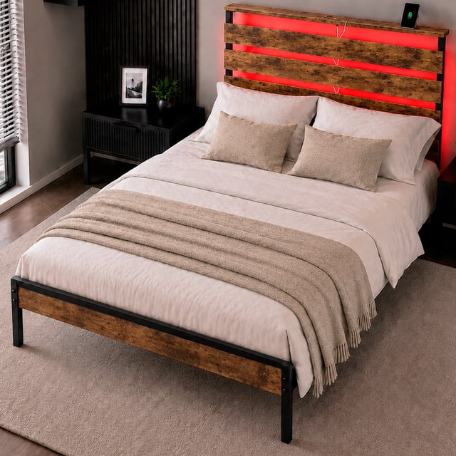 Base Cama Matrimonial Cabecera Reforzada 750kg Luz LED 7 Colores Contactos USB C App mas Control Acero Madera 207x139x105cm Facil Armado Repisa