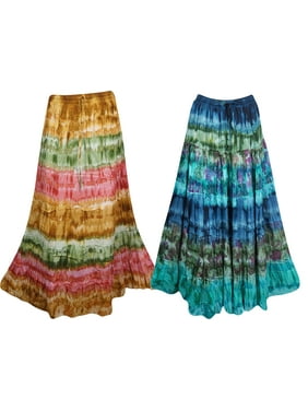 Mogul Electric Cool Tye Dye Cotton Summer Fashion Tiered Long Skirts