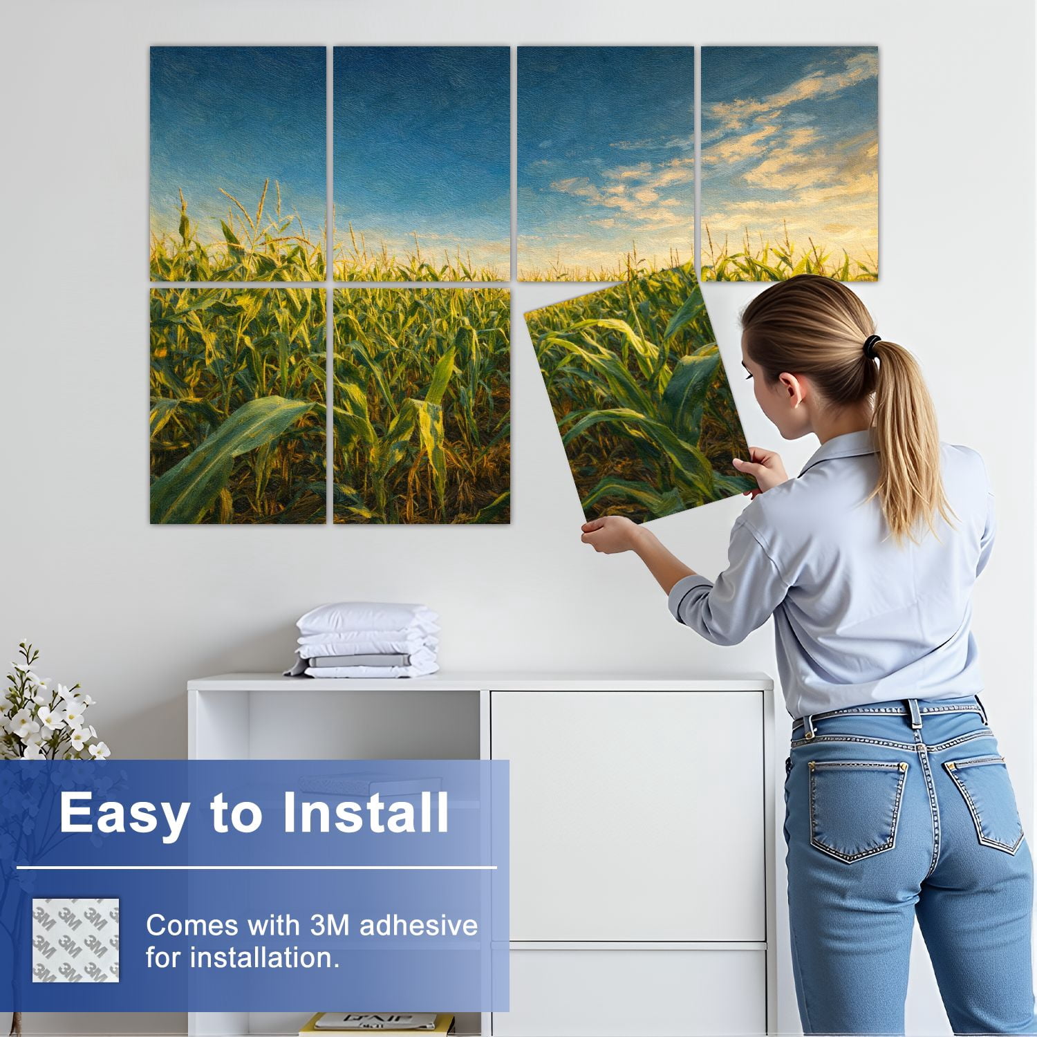 Rustic Farmhouse 8 Pack Art Acoustic Panels Sound Absorbing Green Maize Corn Field Plantation Summer Agricultural Season Decorative Soundproof Wall Panels Self Adhesive for Game Room Bedroom 48"x32"