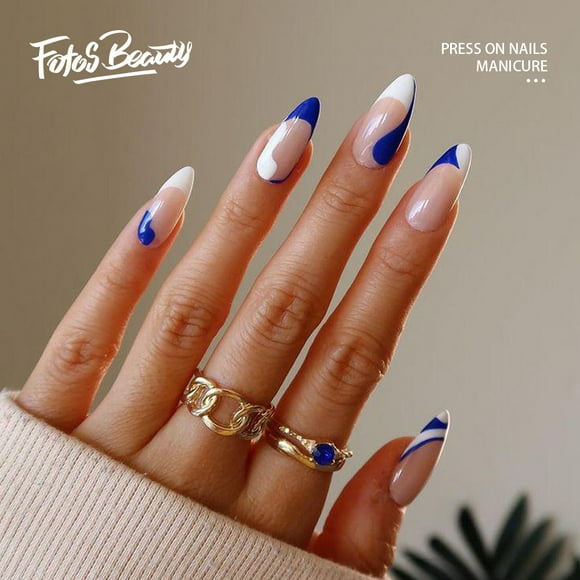 Fofosbeauty 24pcs Press on False Nails Tips, Almond Fake Nails, Pop Art Blue Ocean