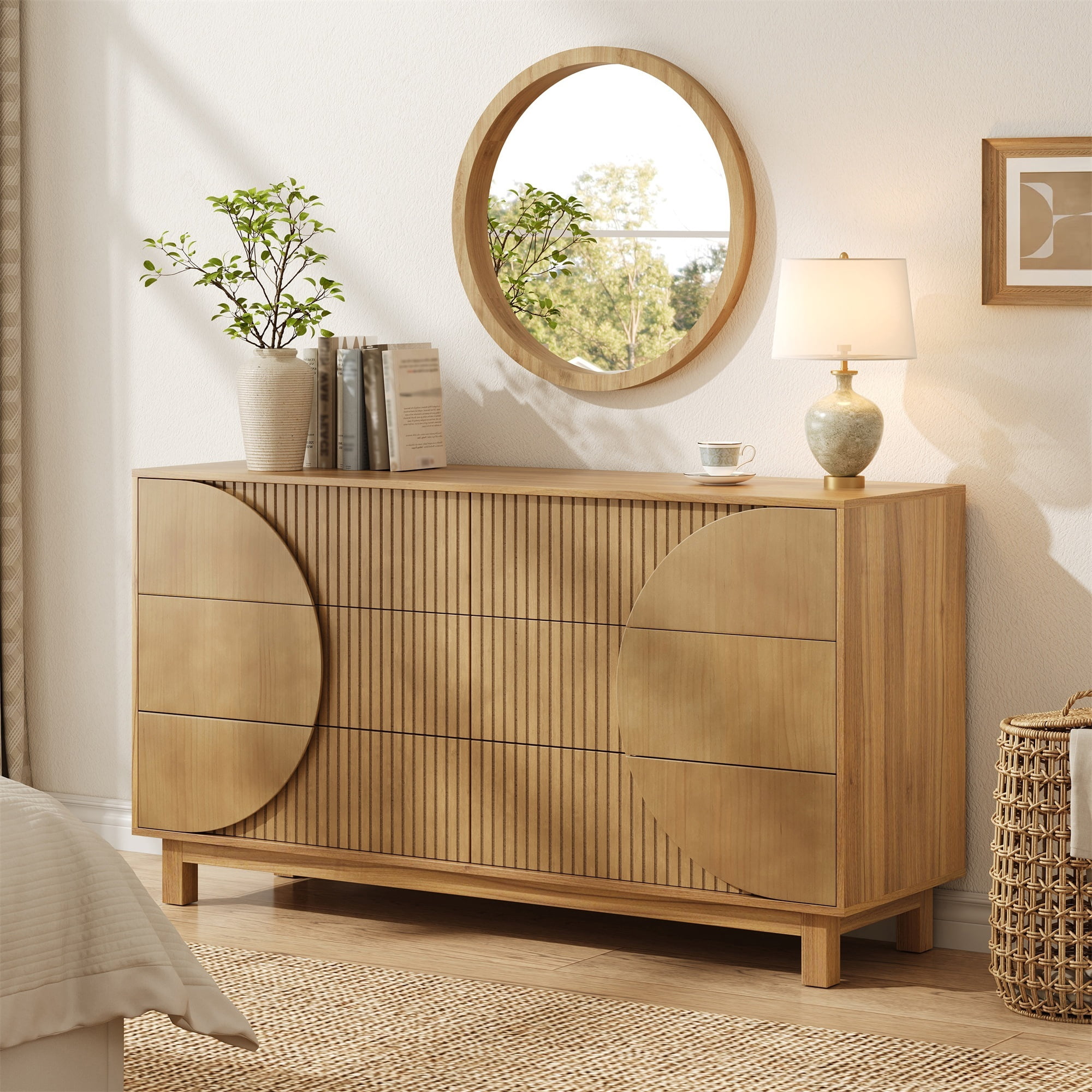 Alvantor 6 Drawer Dresser, 60" Wide Wooden Chest of Drawers with Upgraded Stable Base, Fluted Dresser for Bedroom Brown