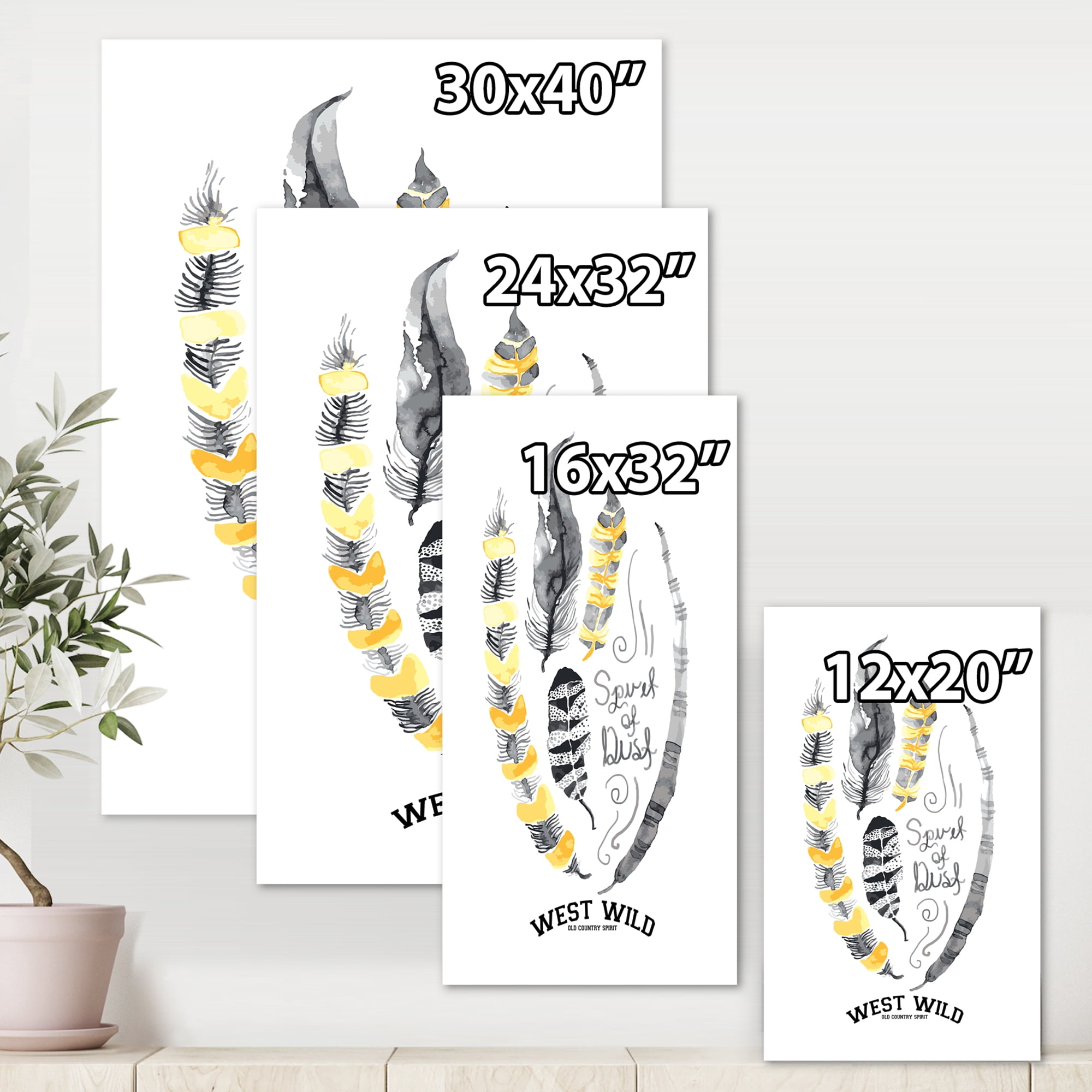 Designart ' Yellow Ethnic Plume Feathers On White ' Bohemian & Eclectic Canvas Wall Art Print