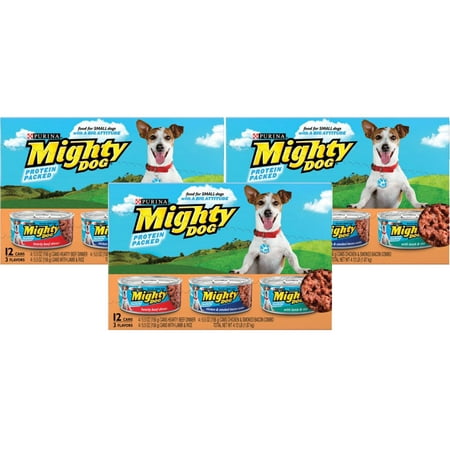 (3 Pack) Mighty Dog Hearty Beef Dinner, Chicken & Smoked Bacon Combo & Lamb & Rice Variety Pack Wet Dog Food, 5.5 Oz, Case of