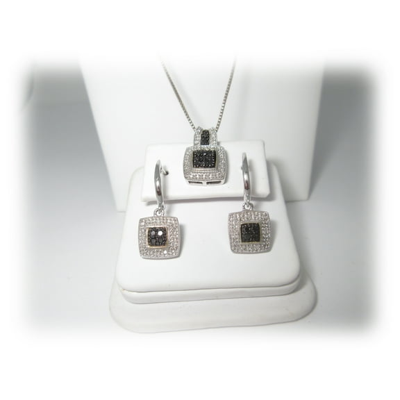 Diamond Jewelry Set Necklace Earrings Black White Princess Sterling Silver Pierced 18"