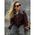 thumbnail image 4 of HH TRAF Chaqueta de cuero de manga larga retro para mujer, nueva chaqueta de cuero de calle con cremallera y solapa, prendas de vestir de moda en 2 colores, 4 of 5