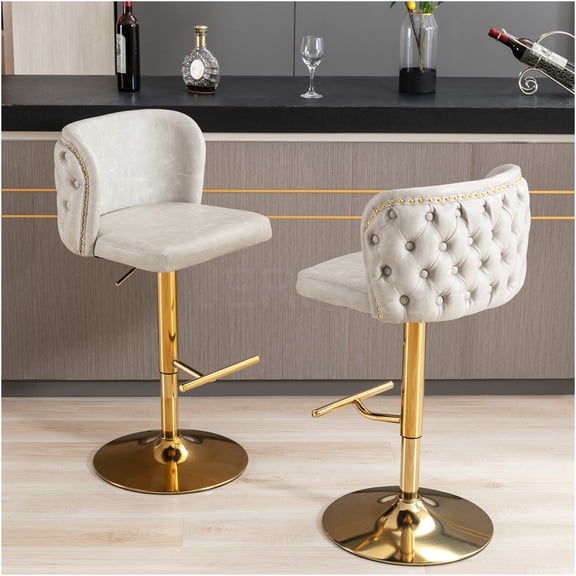 JERFIT Modern Swivel Bar Stools Set of 2, PU Leather Adjustable Height Counter Stools with Tufted Back for Kitchen Island, Home Pub, Beige