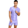 thumbnail image 3 of Haitryli Mens Zipper Front Workout Bodysuit Glossy Silky Compression Muscle Shaper Biketard Unitard Light Purple XL, 3 of 7