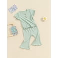thumbnail image 3 of Suealasg Toddler Girl Summer 2 Piece Outfits Set 6M 1T 2T 3T 4T Baby Girl Clothes Solid Color Ribbed Short Sleeve T-Shirt and Elastic Flare Pants for Kids Girl, 3 of 9