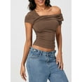 thumbnail image 5 of Biezeib Women's Asymmetric Tops Solid Color Off Shouler Short Sleeve Ruched T-Shirt Streetwear, 5 of 6