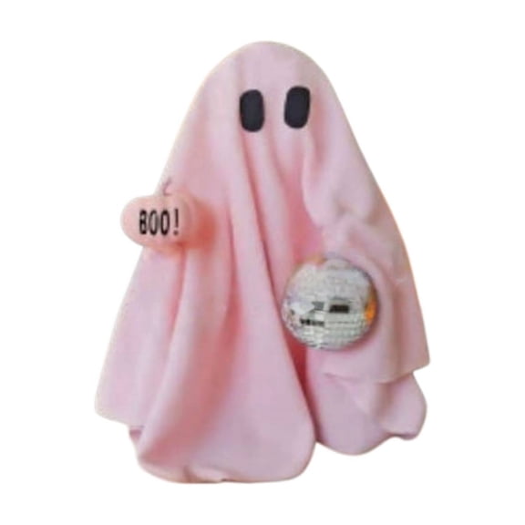 SUYOLL Pink Bow Ghost Figurine with Mini Pink Pumpkin and Candy Bucket Cute Tulle Ghost Statue Halloween Decorations Indoor Table Decor Decal