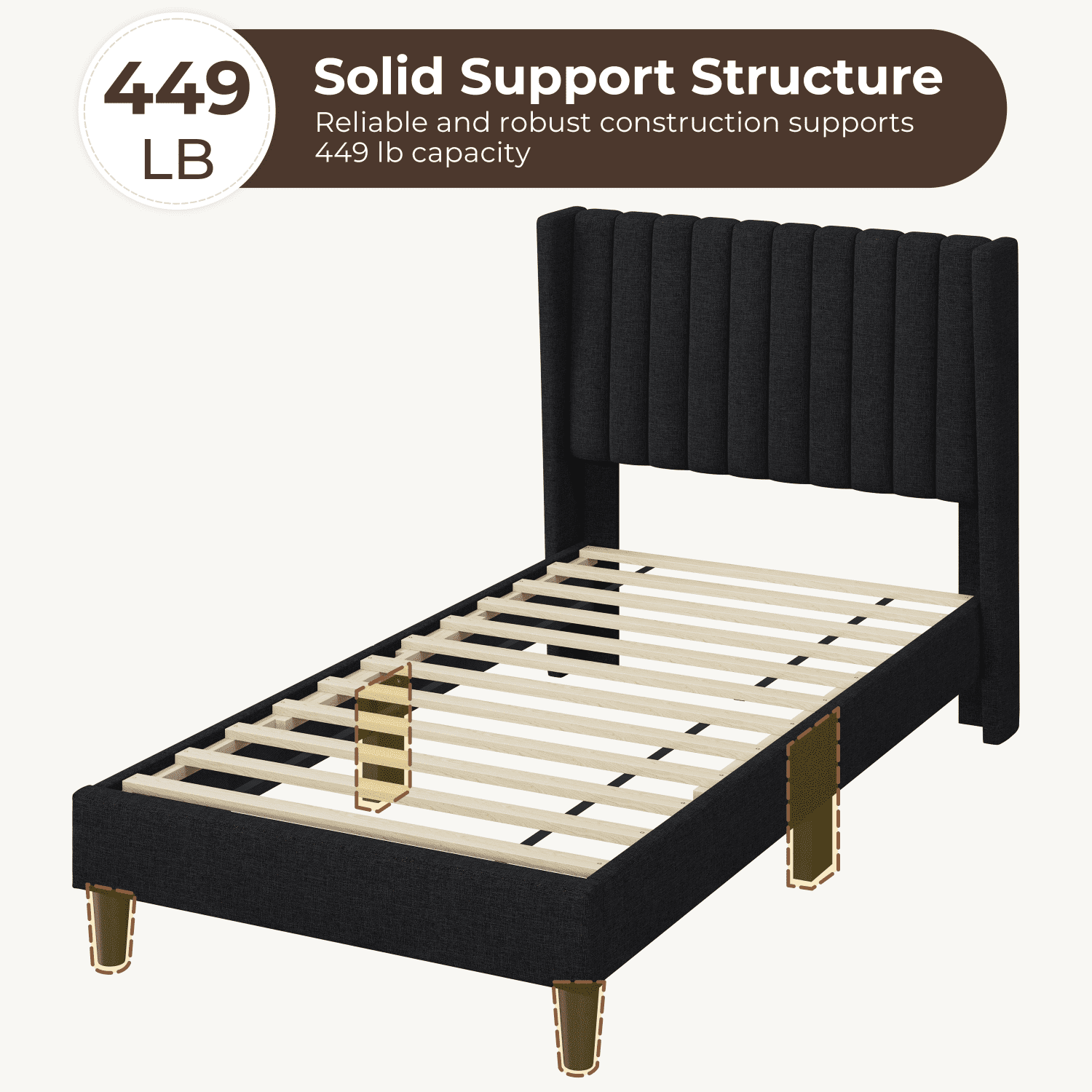 Renwick Twin Upholstered Bed Frame with Tufted Headboard, Black