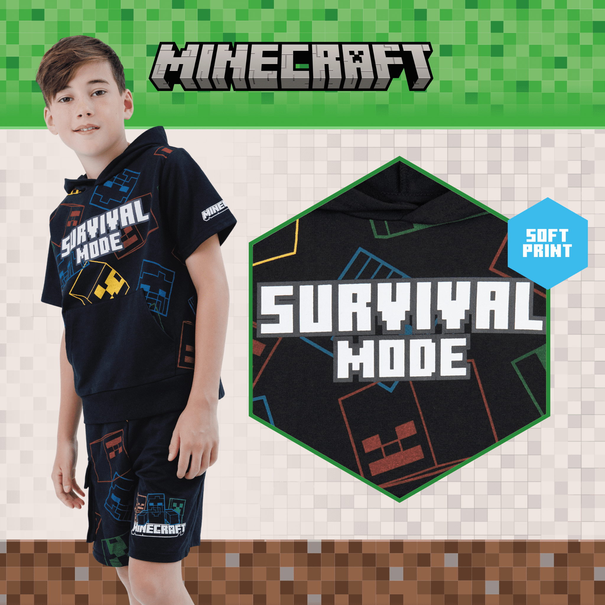 Minecraft Big Boys' 2-Piece Hooded Tee and Shorts Set Black