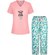 SofiePJ, Women's, Drawstring Waist Printed Short Sleeve Soft Cotton Sleepwear Capri Set, Green Pink, XL
