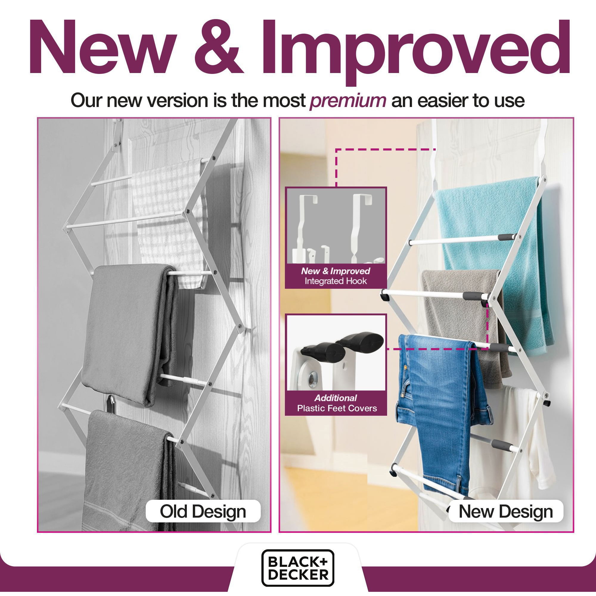 BLACK + DECKER Over-the-Door Telescopic Clothes Drying Rack, Expandable, Stainless Steel, 2-Tier, Space-Saving Indoor Design