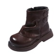 thumbnail image 2 of NOKIO Girls’ Chun𝗄y Heel Ankle Boots, Leather Pull-On Booties with Two Buckle Straps, Round Toe Comfortable Platform Winter Shoes, 2 of 9