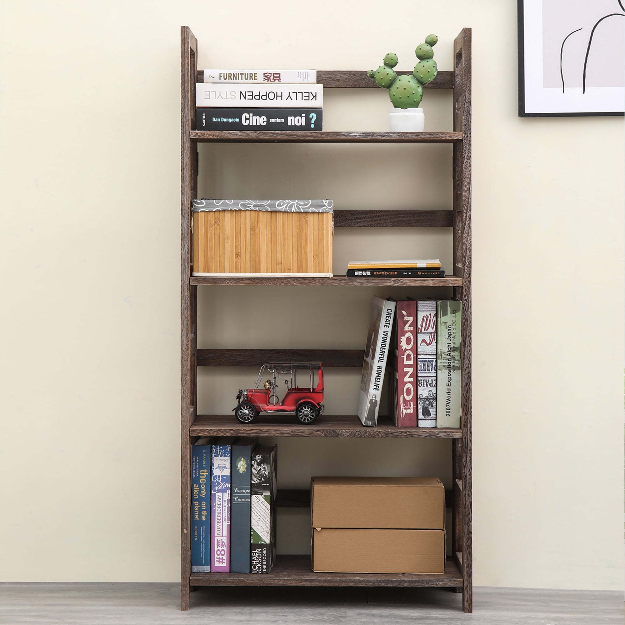 Proman Product Hickory 4 Layers Folding Bookshelf, Paulownia Wood, Walnut Color