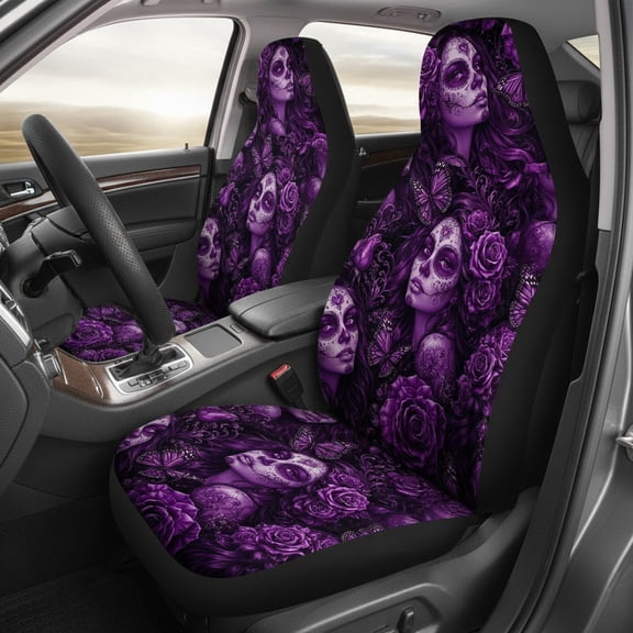 Emacom Ltd Purple Calavera Car Seat Covers Set, Day of the Dead Sugar Skull Auto Seat Protectors, Aesthetic Floral Skeleton Vehicle Interior Accessories