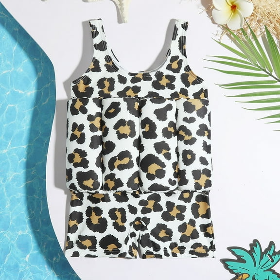Realhomelove Kids Float Swimsuit Buoyancy Sticks for Baby Boys Girls One Piece Leopard Floating Swim Vest Training Aid Swimwear