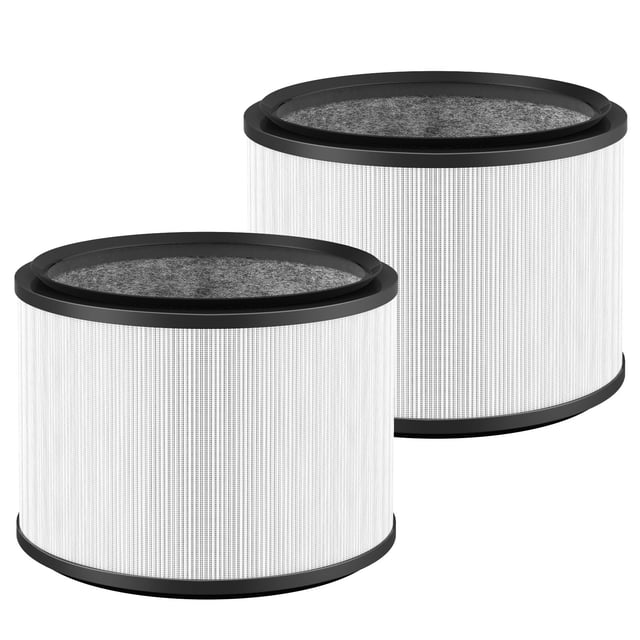 paquete de 2 filtros hepa compatibles con dyson pure hot cool link HP01 HP02, dos cilindros blancos con bordes negros en vista 3/4, pliegues de filtro H13 True HEPA visibles y capa superior gris de carbón activado, diseñados para purificadores y ventiladores Dyson Pure Hot+Cool Link y ventiladores de escritorio; también adecuados para oficinas o habitaciones pequeñas.