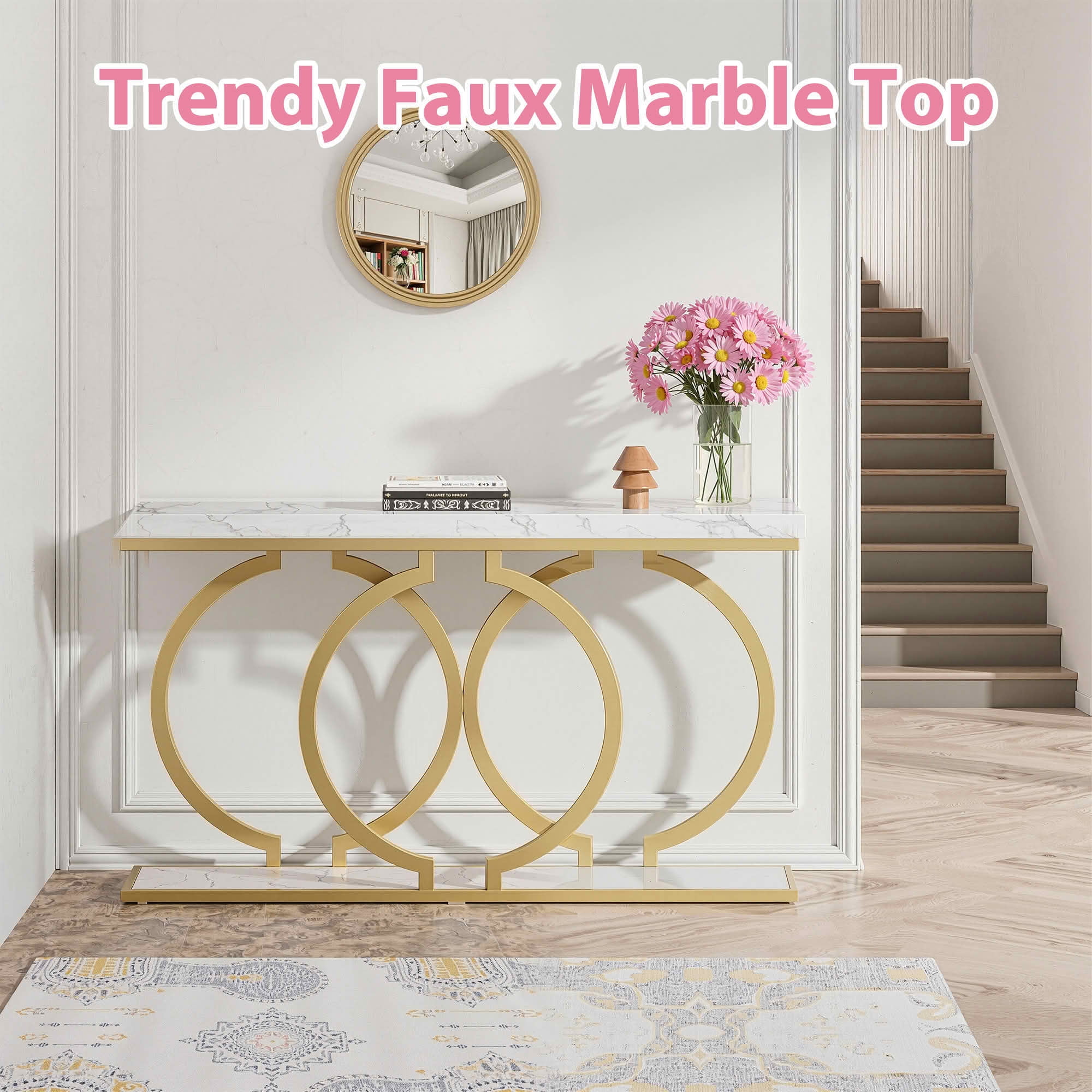 MAYEERTY 55 Inch Light Luxury Faux Marble Console Table, Gold O Geometric Metal Frame Narrow Entry Sofa Display Accent Table