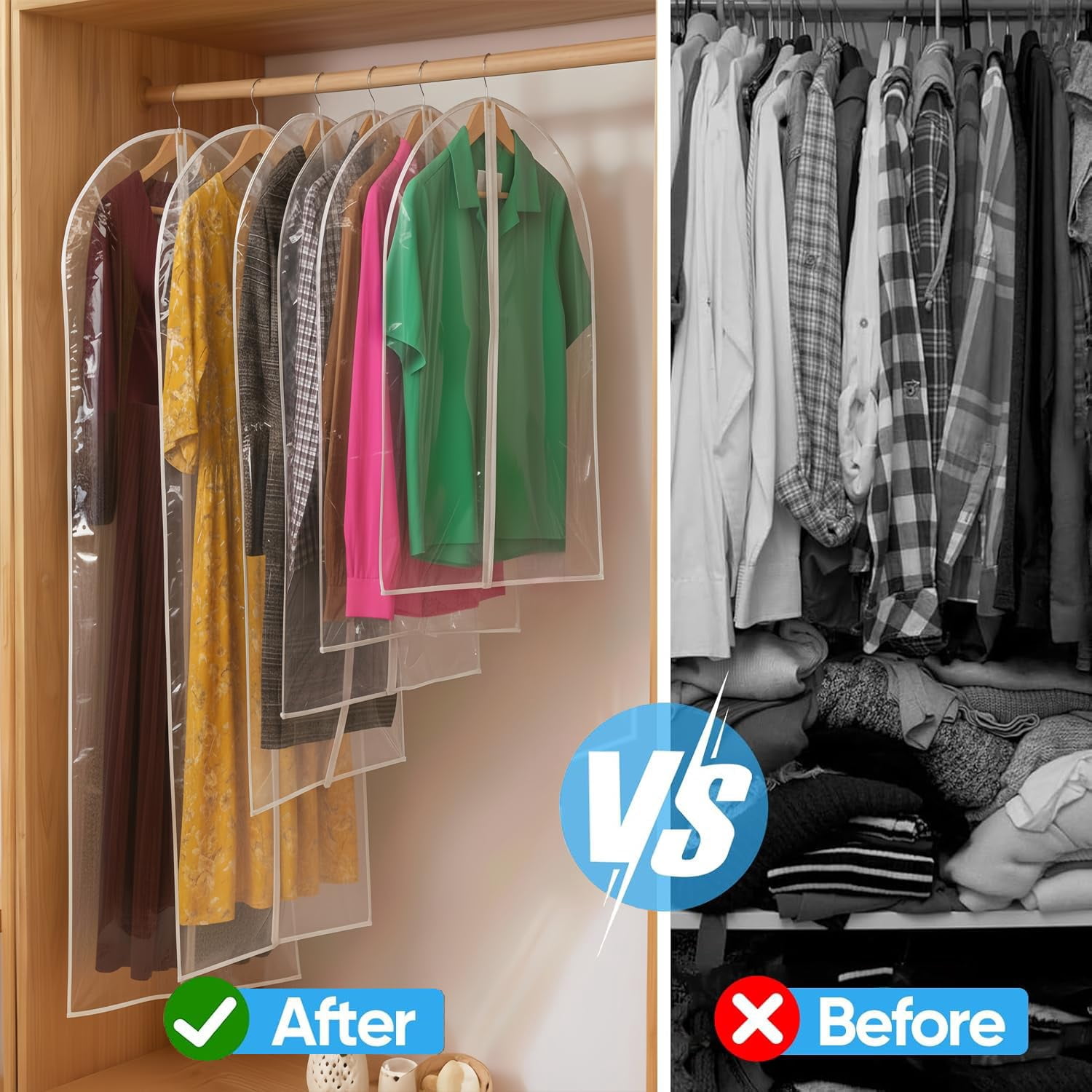 10PCS All Clear Garment Bags for Travel - Waterproof Suit Cover with Zipper for Hanging Clothes, Dresses, Coats - Durable Dresser for Closet Storage, Dustproof & Moisture Resistant