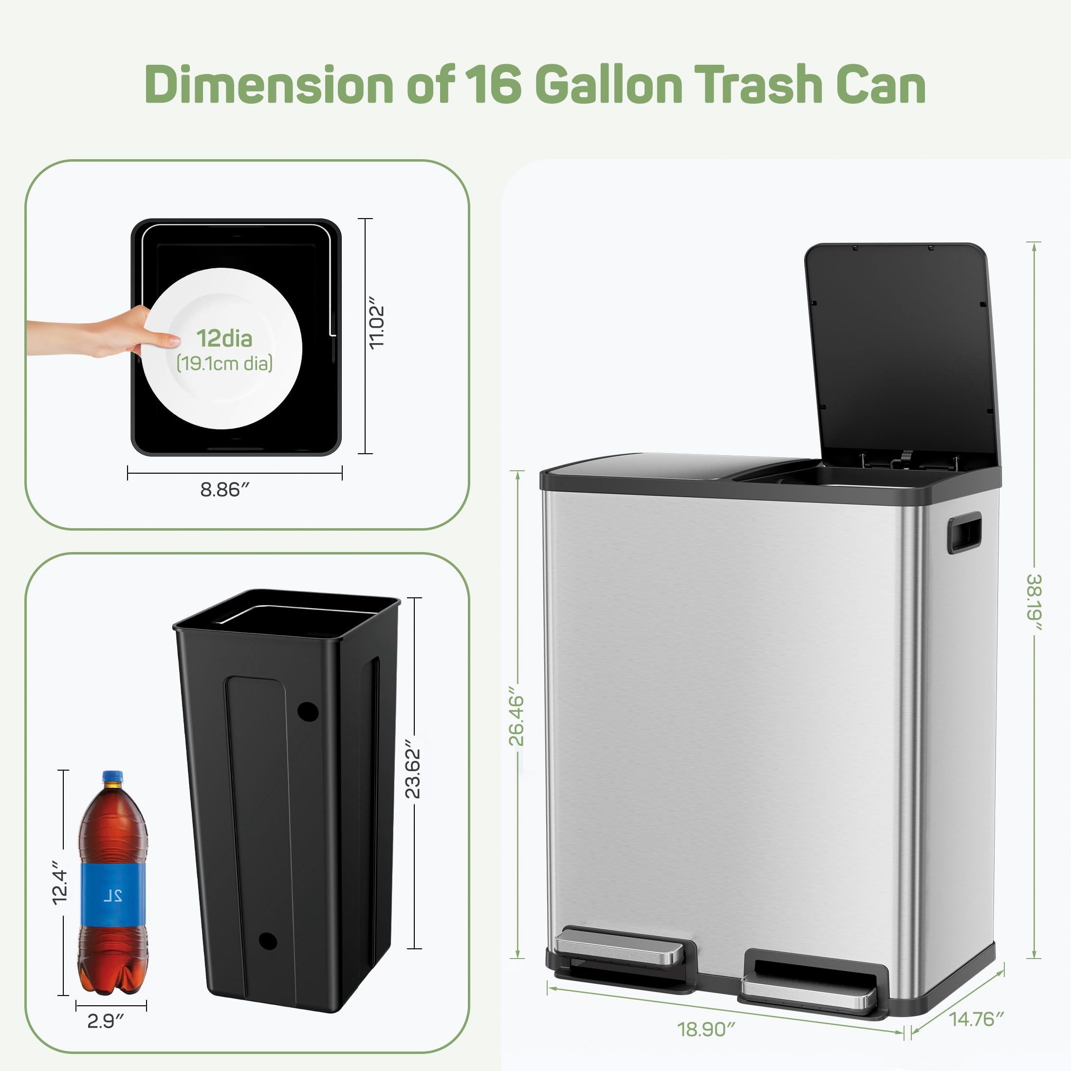 16-Gallon Dual Compartment Step Trash Can - Stainless Steel Kitchen Waste Bin with Wet/Dry Separation