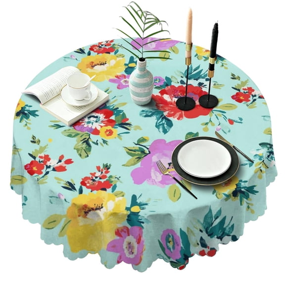 Round Tablecloth Family Cover 60 Inch Polyester Waterproof Stain Wrinkle Free flower for Kitchen