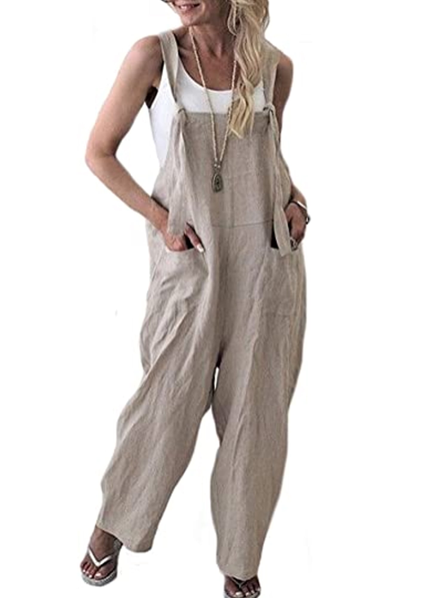 Fashion Women/'s Loose Linen Bid Long Pant Cotton Jumpsuit Strap Trousers