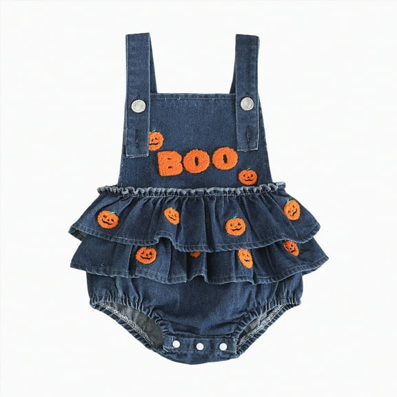 HCNTES Baby Girl Halloween Denim Romper Pumpkin/ Embroidery Ruffle Overall Shorts Jumpsuit Cute Halloween Clothes(Style1,0-3 Months)
