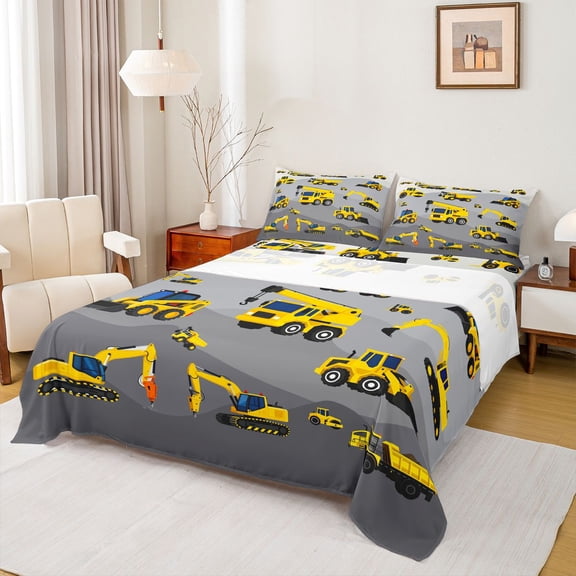 Manfei Equipped Truck Twin Sheet Sets,Excavator Crane Car Twin Fitted Sheet,Yellow Gray Flat Sheet For Boys Teens,Ultra Soft Home Decor,3pcs