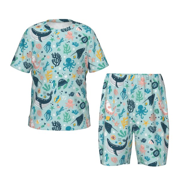 Balery Sea Animal Conjunto de Pijama Infantil de Manga Corta con Estampado – Ropa de Dormir de Algodón Suave-Medium