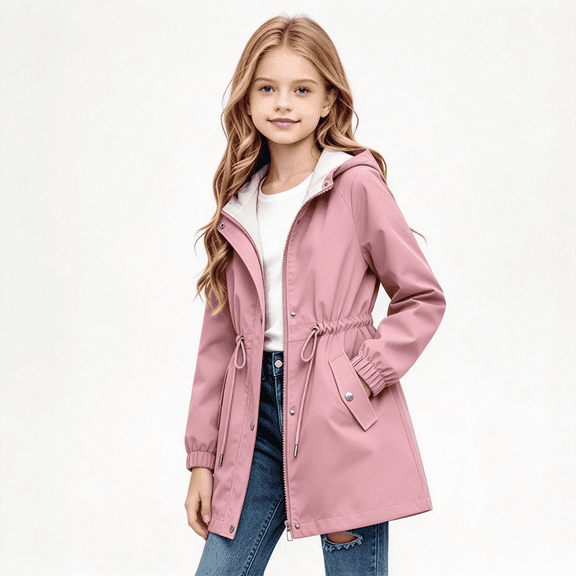 Amidoa Girls Rain Jacket Waterproof Lightweight Hooded Fleece Lined Raincoat Windbreakers Outwear for Kids Pink Size 11 Years