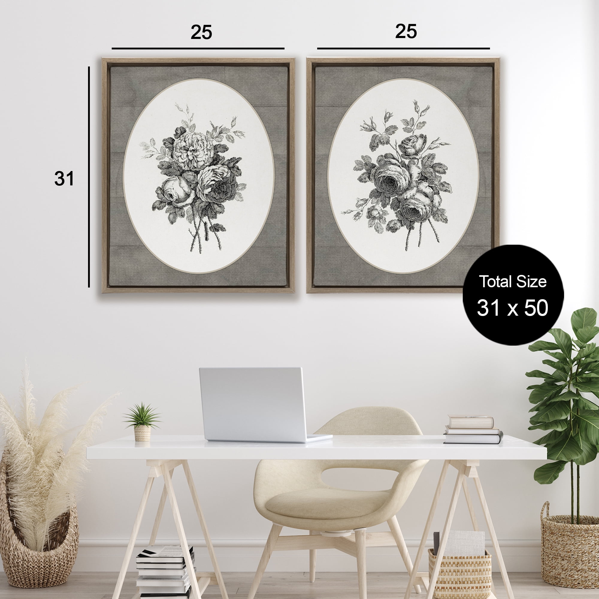 Vintage Petal Bundle Details 2 Piece Brown Framed Floater Canvas Set, design by Lettered and Lined