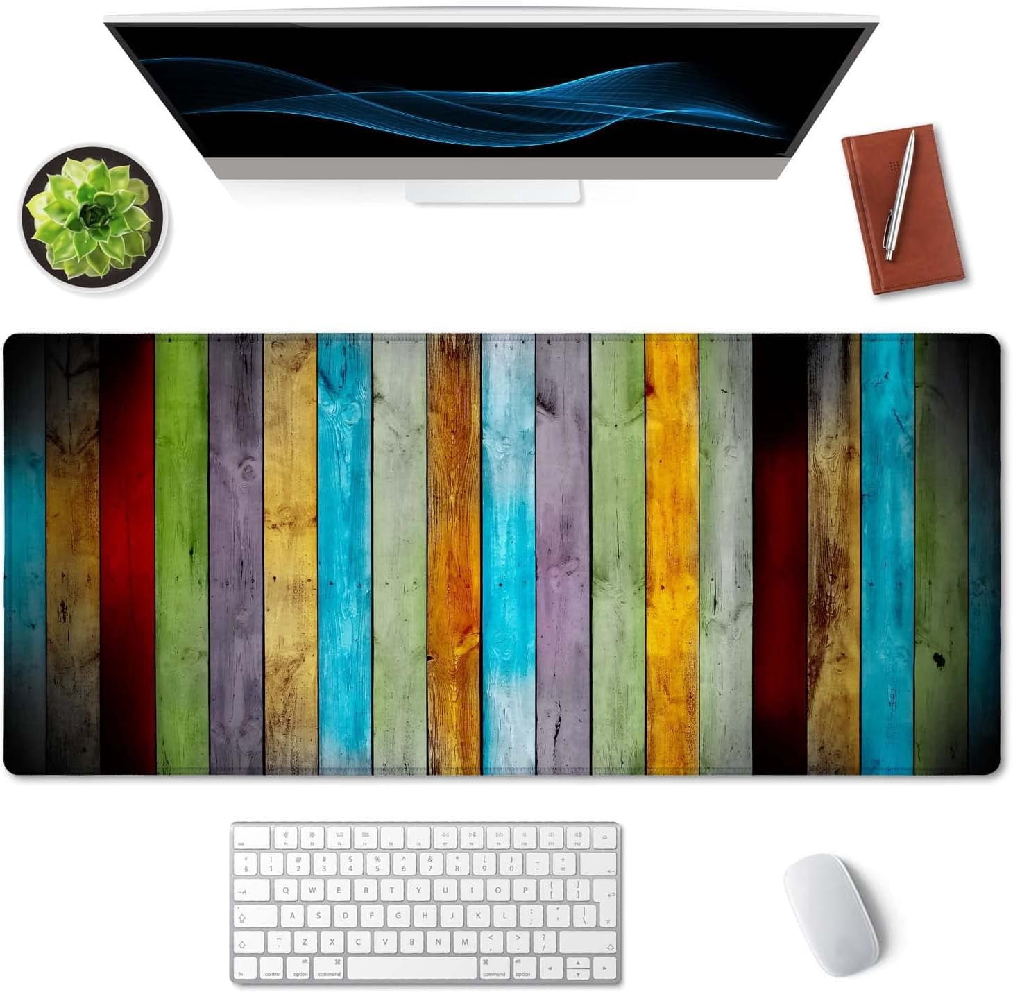 Large Mouse Pad, Full Desk XXL Extended Gaming Mouse Pad 35.5" X 15.7", Waterproof Desk Mat with Stitched Edge, Non-Slip Laptop Computer Keyboard Mousepad for Office & Home, Colorful Wood