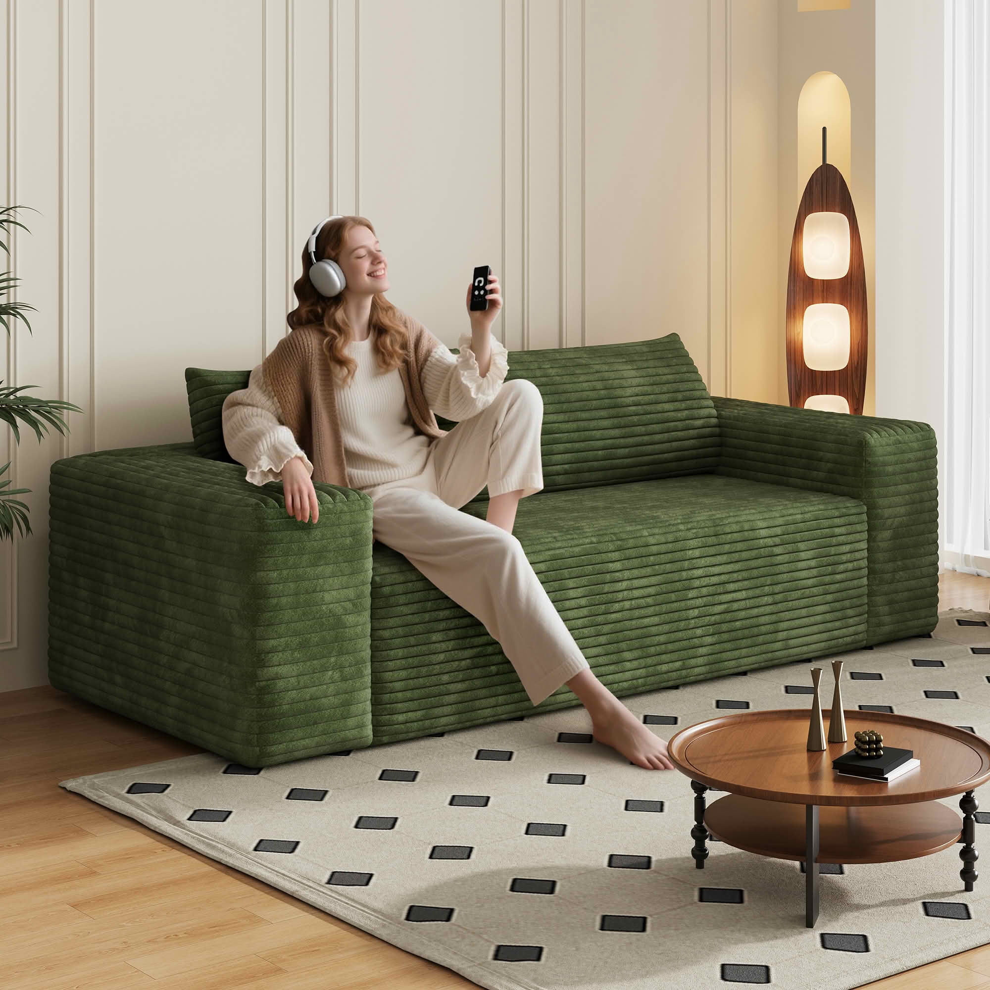 MAYEERTY 78.8" 3-Seater Sofa Green Corduroy Fabric Deep Seat Comfy Loveseat No Assembly 1pcs for Living Room/Bedroom/Conference Room/Apartment