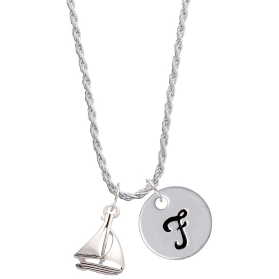 Delight Jewelry Silvertone Antiqued Sailboat Silvertone Script Initial Disc - F - Charm Necklace, 20"+3"