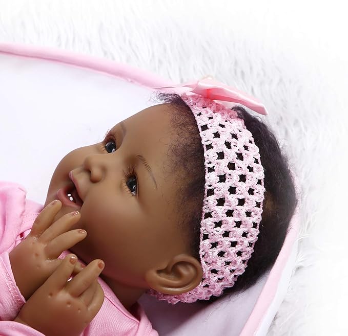 iCradle Finished 22 Inch 55cm Black Reborn Baby Doll Girl African American Realistic Reborn Toddler Dolls Lifelike Newborn Soft Cloth Body with Brown Eyes Babies Doll Gift Toy for Kids 3+