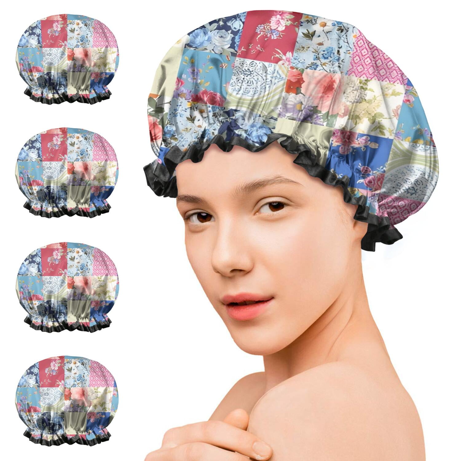 Shower Caps,Patchwork Pioneer Flower Waterproof Shower Cap for Women 4 Pieces,Double Reusable Hair Cover for Shower PEVA Elastic Stretch Hem
