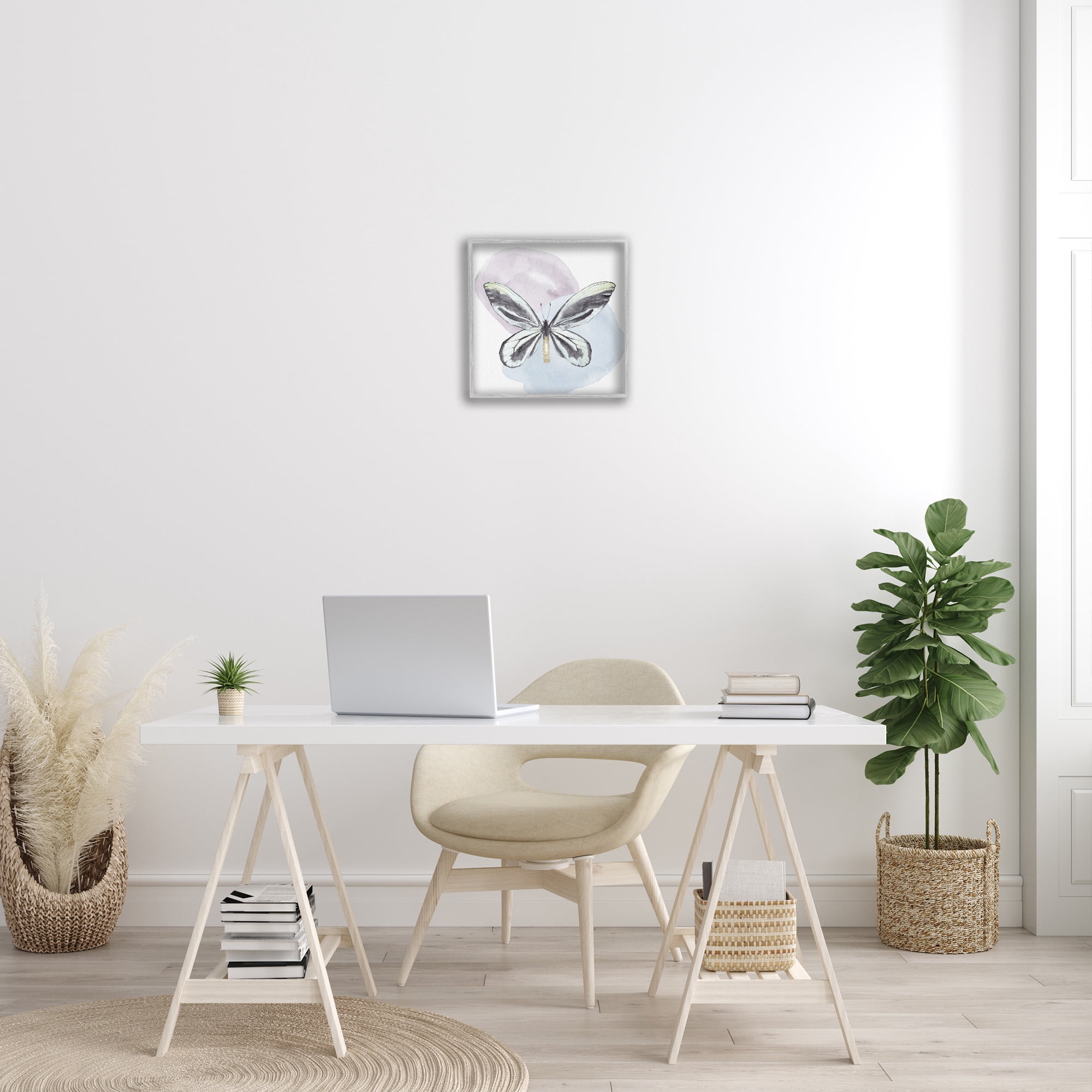 Stupell Industries Butterfly with Pastel Shapes Animals & Insects Painting Gray Framed Art Print Wall Art, 17 x 17