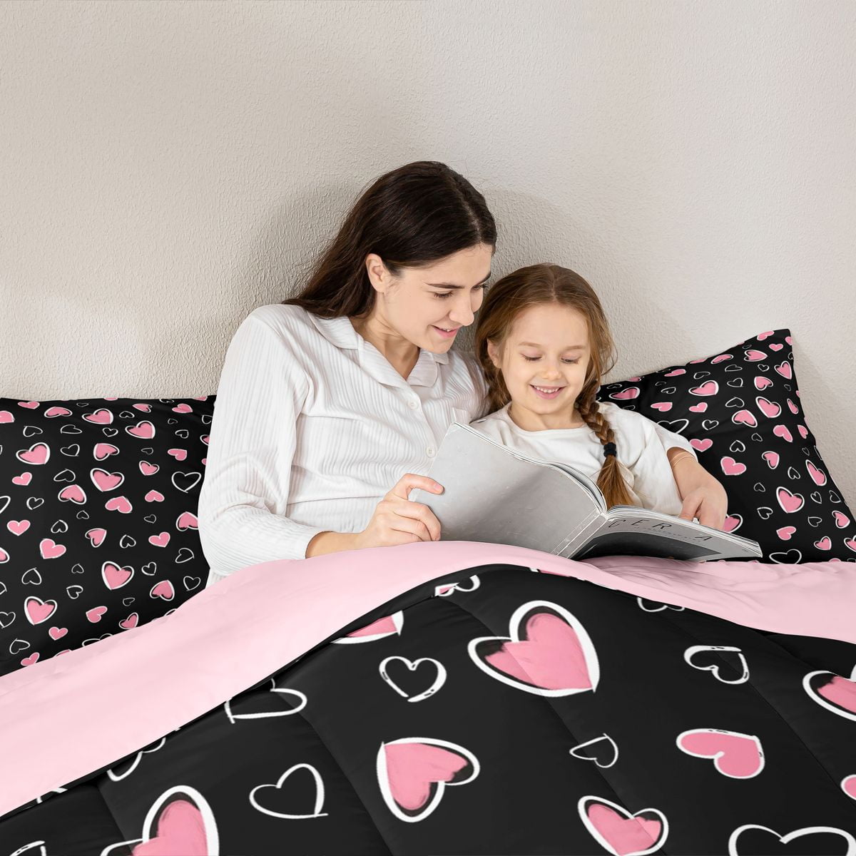 Feelyou Chic Love Heart Full Size Comforter Sets for Kid, Abstract Grey Bedding Comforter Set, Modern Fashion Cartoon Reversible Bedding Sets, Breathable Home Decor, 3-Piece