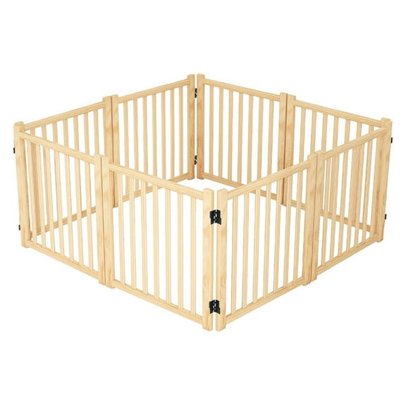 8-Panel Wooden Freestanding Dog Gate, Step Over Indoor Pet Fence for Doorways and Stairs